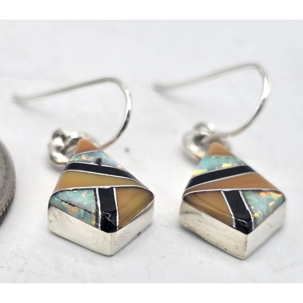 Multi-Gemstone Dangle Earrings Diamond Opal Onyx Handmade Sterling Silver 925 - Picture 10 of 10